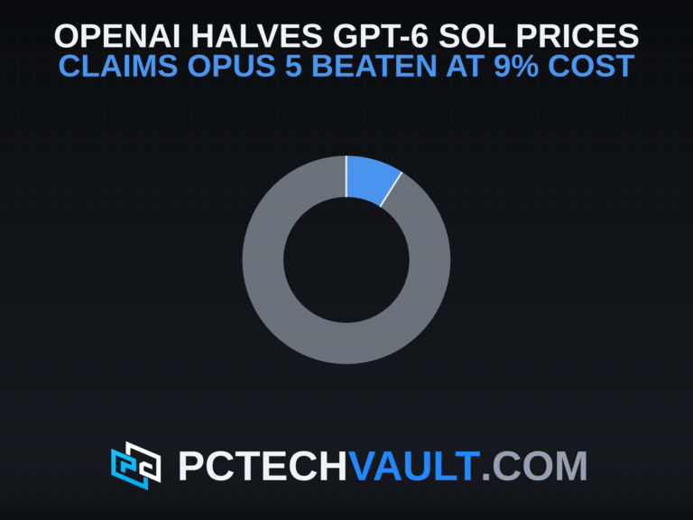 Feature image: a ring filled to 9 percent, drawn to scale, for OpenAI's claim that GPT-6 Sol costs 9 percent of Claude Opus 5 per AutomationBench task, with the headline OpenAI halves GPT-6 Sol prices and claims Opus 5 beaten at 9% cost.