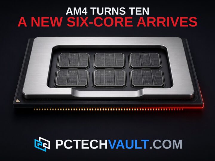 CPU package cutaway showing six silicon dies under the lid with AMD-red rim light; headline AM4 TURNS TEN A NEW SIX-CORE ARRIVES
