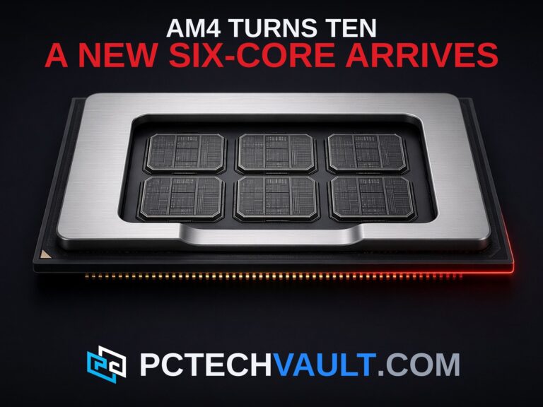 CPU package cutaway showing six silicon dies under the lid with AMD-red rim light; headline AM4 TURNS TEN A NEW SIX-CORE ARRIVES