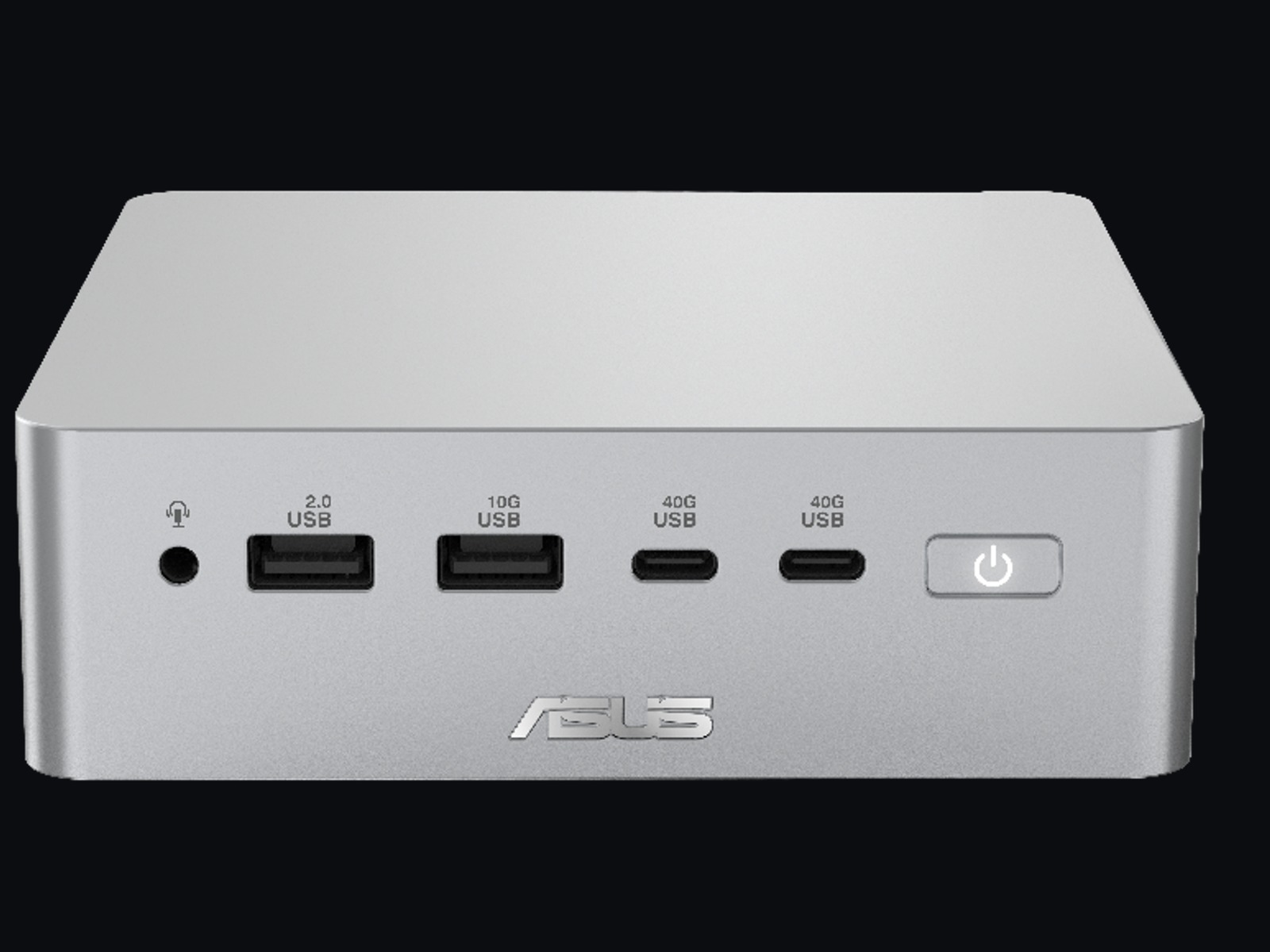 ASUS Ascent QN10 mini PC, front view showing the headphone jack, USB 2.0 and 10Gbps Type-A ports, two 40Gbps USB-C ports and the power button.
