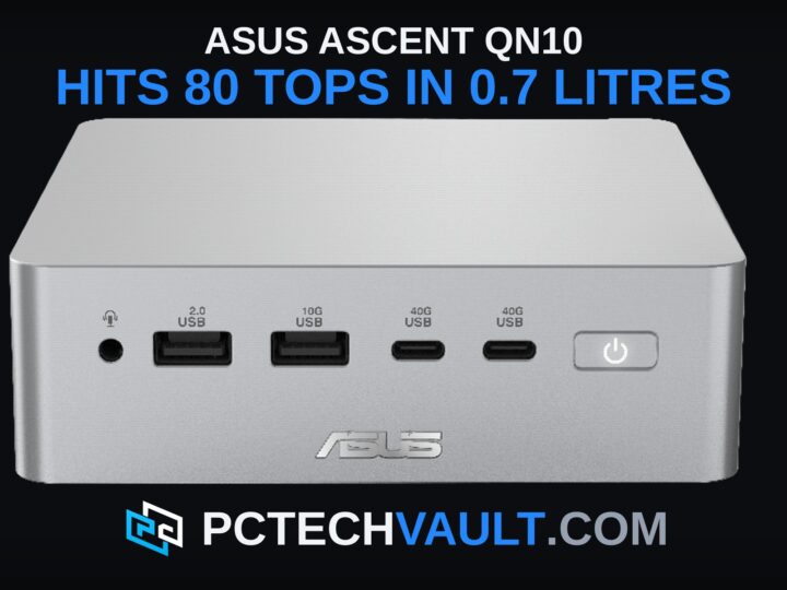 ASUS Ascent QN10 mini PC, front view showing the headphone jack, USB 2.0 and 10Gbps Type-A ports, two 40Gbps USB-C ports and the power button.