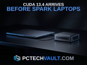 Dark laptop connected by cable to a compact mini-PC on a reflective desk; headline CUDA 13.4 ARRIVES BEFORE SPARK LAPTOPS