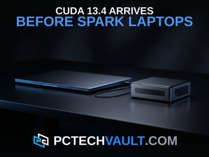 Dark laptop connected by cable to a compact mini-PC on a reflective desk; headline CUDA 13.4 ARRIVES BEFORE SPARK LAPTOPS