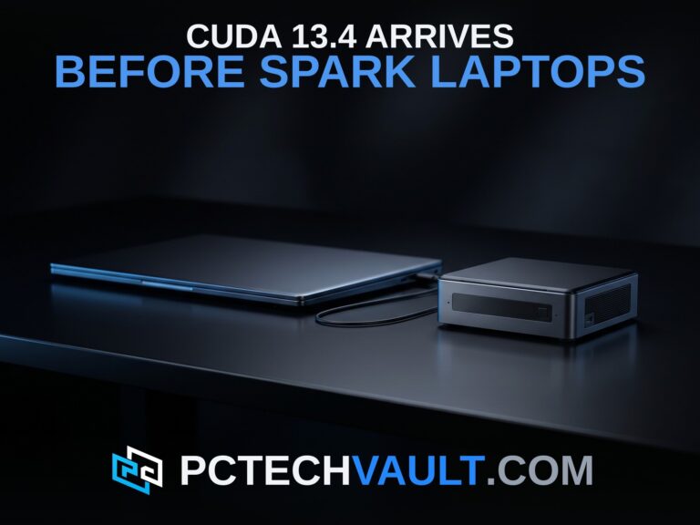 Dark laptop connected by cable to a compact mini-PC on a reflective desk; headline CUDA 13.4 ARRIVES BEFORE SPARK LAPTOPS