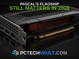 Dark graphics card with copper heatsink on reflective black surface; headline PASCAL'S FLAGSHIP STILL MATTERS IN 2026