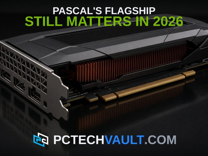 Dark graphics card with copper heatsink on reflective black surface; headline PASCAL'S FLAGSHIP STILL MATTERS IN 2026
