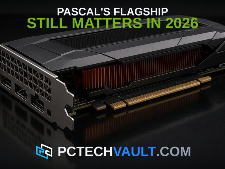 Dark graphics card with copper heatsink on reflective black surface; headline PASCAL'S FLAGSHIP STILL MATTERS IN 2026