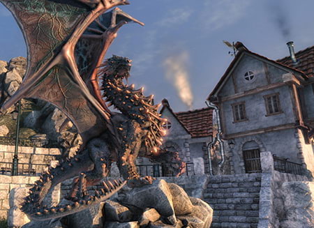 UNIGINE Heaven benchmark, the steampunk floating-island scene with the dragon statue