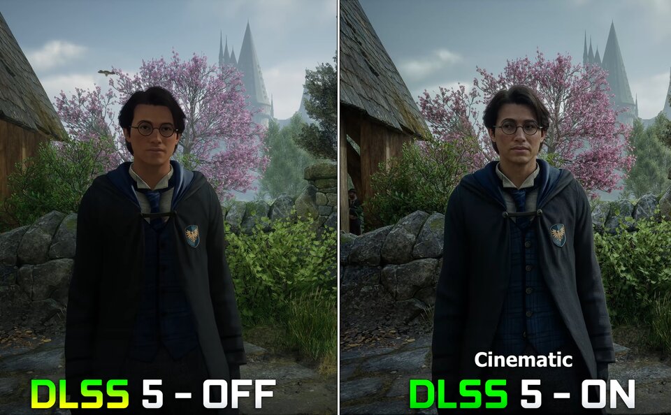 Hogwarts Legacy village courtyard: DLSS 5 Cinematic OFF vs ON