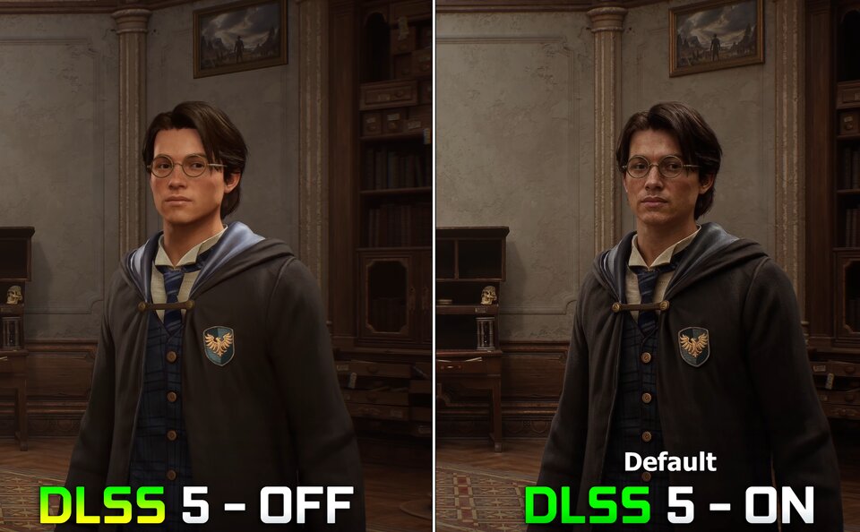 Hogwarts Legacy face close-up: DLSS 5 Default OFF vs ON