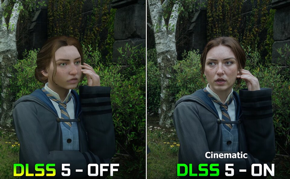 Hogwarts Legacy outdoor portrait: DLSS 5 Cinematic OFF vs ON