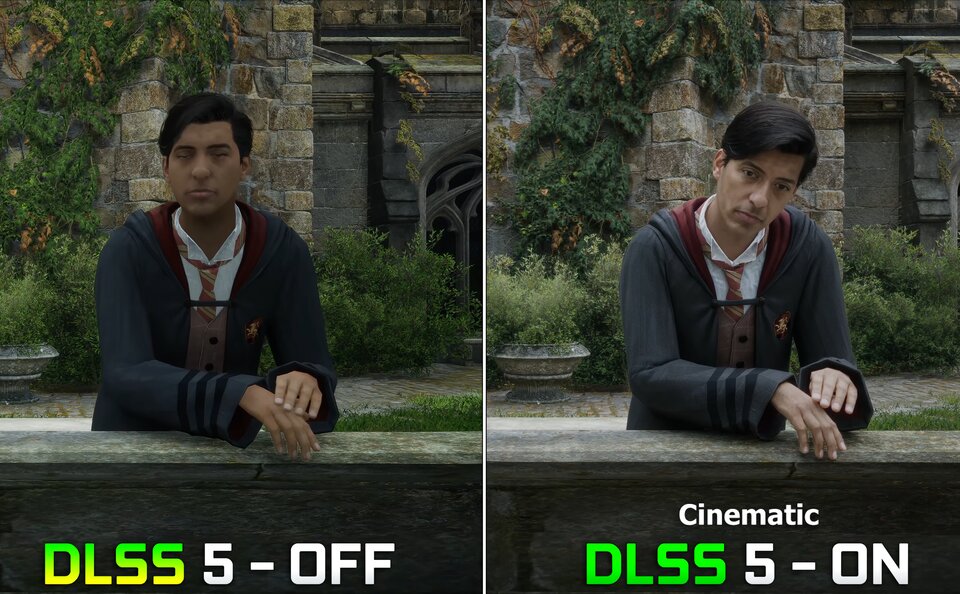 Hogwarts Legacy courtyard ledge: DLSS 5 Cinematic OFF vs ON