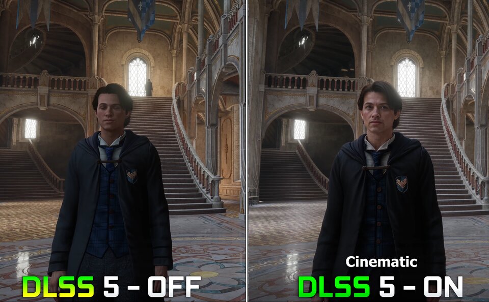 Hogwarts Legacy staircase hall: DLSS 5 Cinematic OFF vs ON