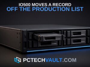 Matte black storage chassis with one drive bay open and an SSD sled partially withdrawn; headline IO500 MOVES A RECORD OFF THE PRODUCTION LIST