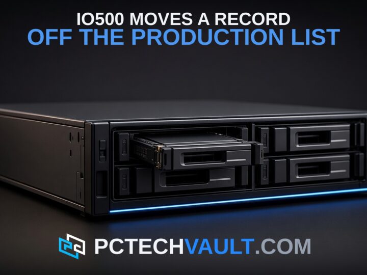 Matte black storage chassis with one drive bay open and an SSD sled partially withdrawn; headline IO500 MOVES A RECORD OFF THE PRODUCTION LIST