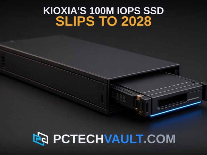 Enterprise NVMe SSD sled partially withdrawn from a dark bay; headline KIOXIA'S 100M IOPS SSD SLIPS TO 2028