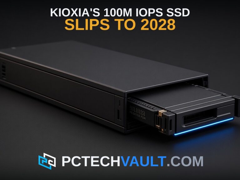 Enterprise NVMe SSD sled partially withdrawn from a dark bay; headline KIOXIA'S 100M IOPS SSD SLIPS TO 2028