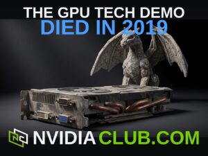 A dusty, retired graphics card with a weathered stone dragon statuette perched on top, evoking the tessellated creature demos of the 2000s and 2010s