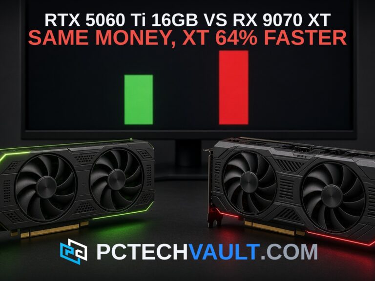 RTX 5060 Ti 16GB vs RX 9070 XT at the same street price; the XT is about 64 percent faster