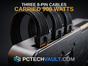 Close-up of braided 8-pin power cables plugged into a dark GPU; headline THREE 8-PIN CABLES CARRIED 900 WATTS