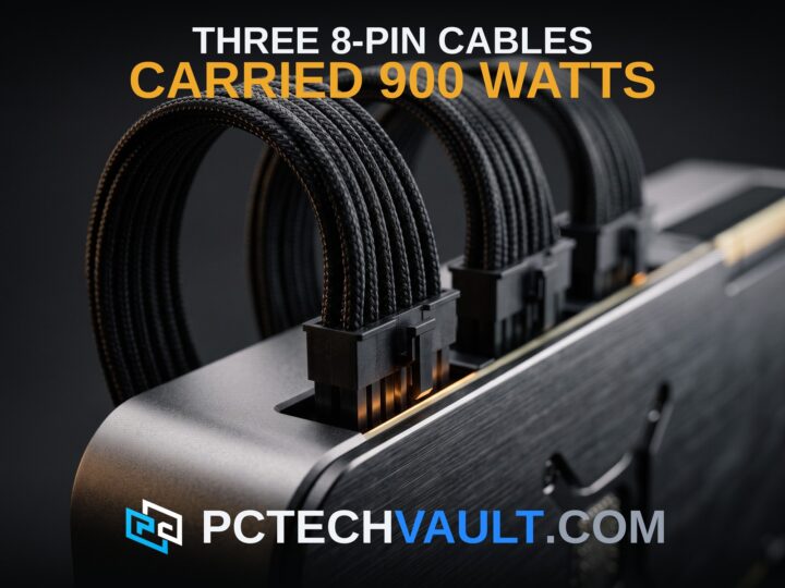 Close-up of braided 8-pin power cables plugged into a dark GPU; headline THREE 8-PIN CABLES CARRIED 900 WATTS