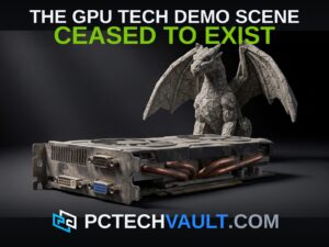 Dusty legacy graphics card beside a stone dragon statue; headline THE GPU TECH DEMO SCENE CEASED TO EXIST