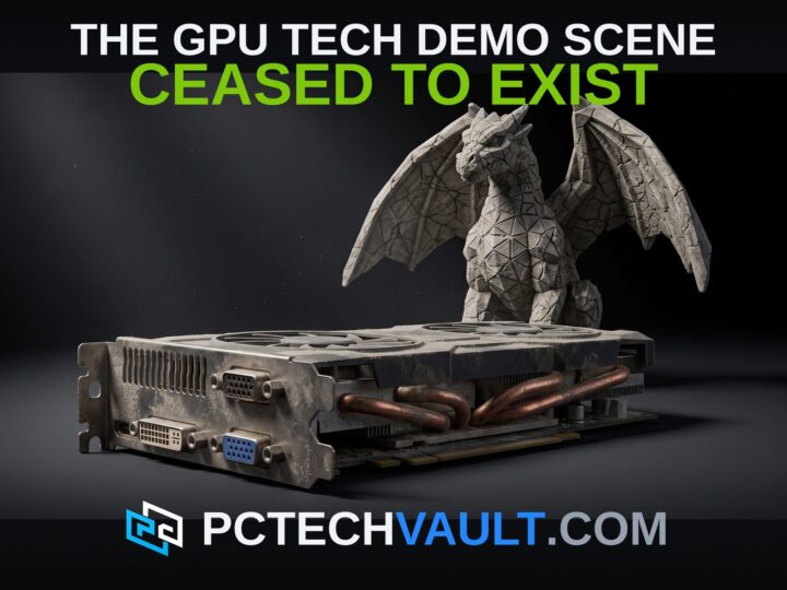 Dusty legacy graphics card beside a stone dragon statue; headline THE GPU TECH DEMO SCENE CEASED TO EXIST