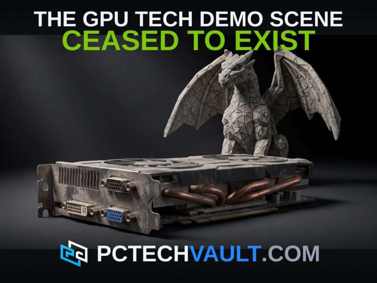 Dusty legacy graphics card beside a stone dragon statue; headline THE GPU TECH DEMO SCENE CEASED TO EXIST