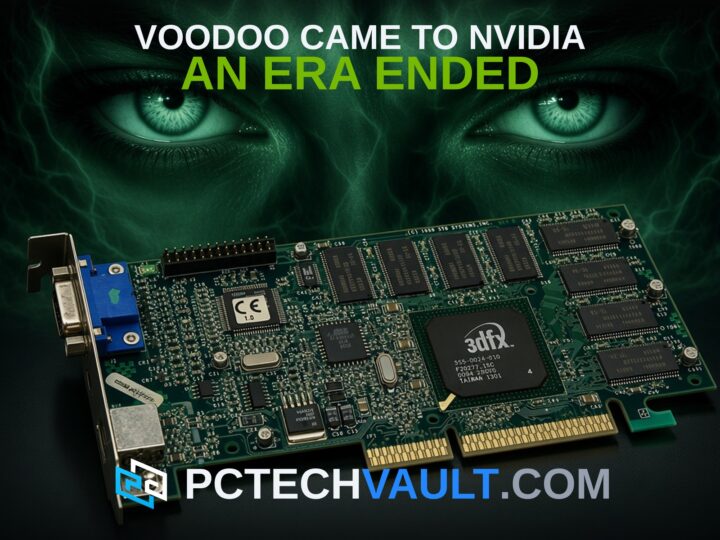 AGP 3dfx card with piercing green eyes; headline VOODOO CAME TO NVIDIA AN ERA ENDED