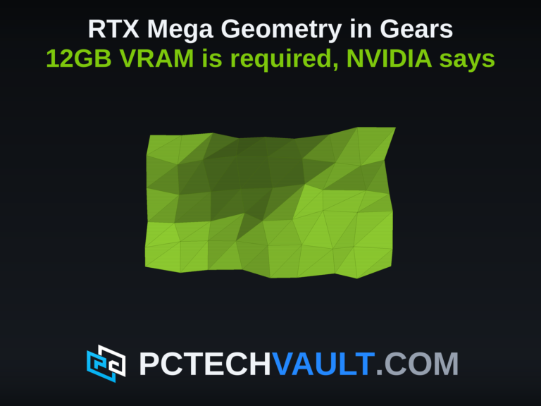 The GeForce Recap cover in the series' green low-poly mesh style, reading: RTX Mega Geometry in Gears; 12GB VRAM is required, NVIDIA says.