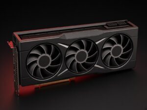 AMD Radeon RX 6800 XT reference graphics card in a dark studio with red accent light