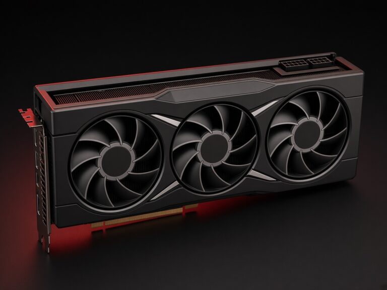 AMD Radeon RX 6800 XT reference graphics card in a dark studio with red accent light