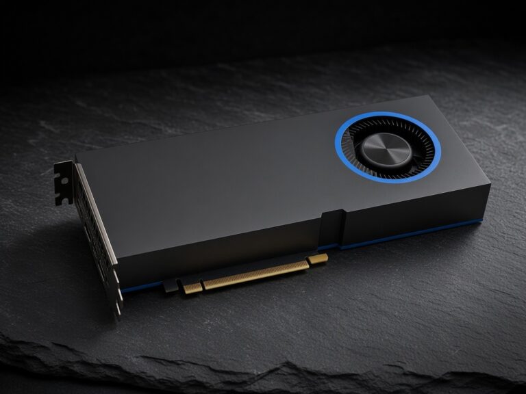 A dark grey blower-style Arc Pro B70 workstation graphics card with a blue-ringed fan lying on a dark slate surface.
