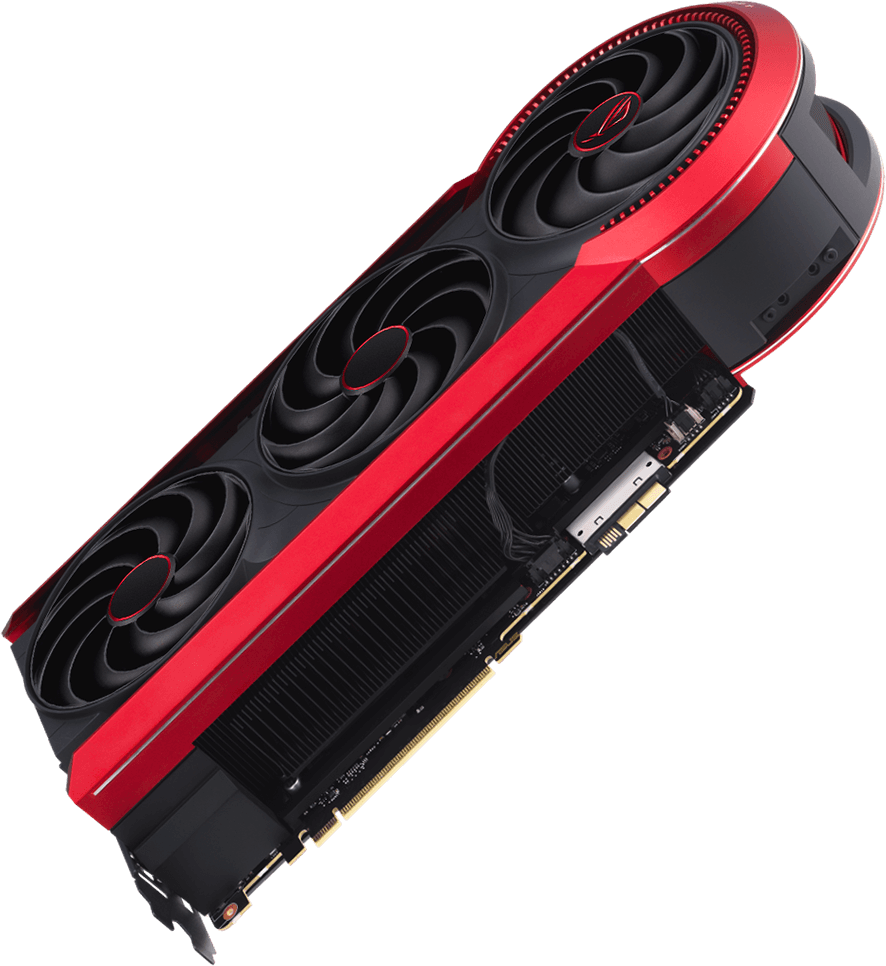 The ASUS ROG Matrix Platinum GeForce RTX 5090 30th Anniversary Edition seen from above at an angle: three red-rimmed fans, a rounded end, and the gold PCIe edge with the extra GC-HPWR connector beside it