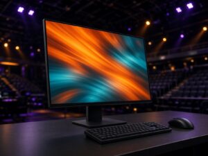 A compact esports monitor with thin bezels on a stage desk in a darkened esports arena, with keyboard and mouse.