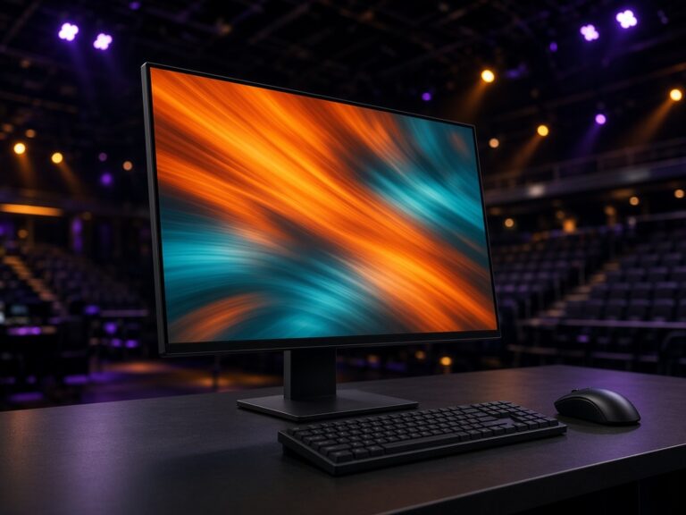 A compact esports monitor with thin bezels on a stage desk in a darkened esports arena, with keyboard and mouse.