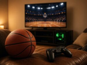 A basketball and a game controller on a leather sofa, with a TV showing a basketball arena and a gaming PC with green glow under it.