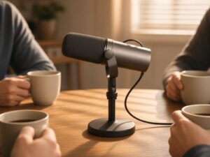 A broadcast dynamic microphone on a desk stand at the center of a wooden table, surrounded by people holding coffee cups in warm afternoon light.