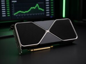 NVIDIA GeForce RTX 4090 Founders Edition card on a test bench with a power curve graph on a monitor behind it