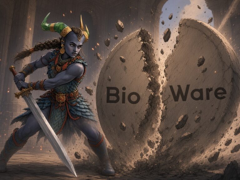 Taash from Dragon Age: The Veilguard slashing through a stone BioWare logo disc