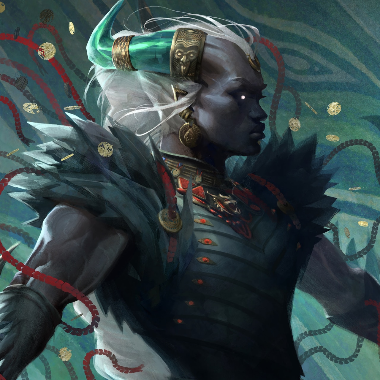 Official character art of Taash, a horned Qunari warrior with white hair, spiked armour and gold coins in the air