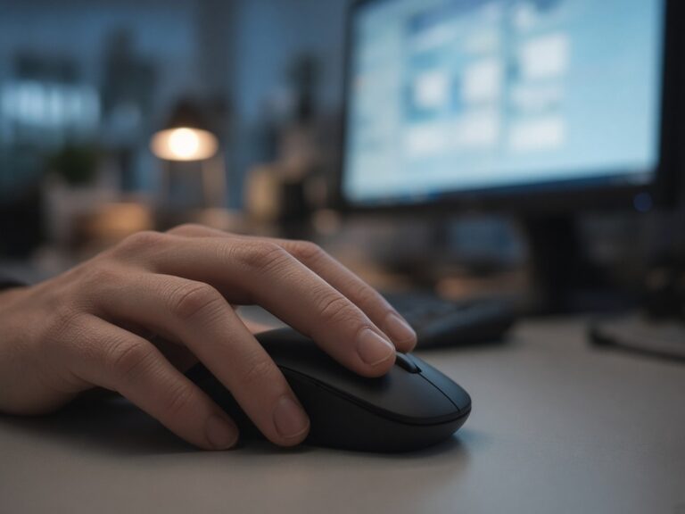Close-up of a hand with a finger on the right mouse button, a blurred desktop monitor glowing behind it in an office at dusk.
