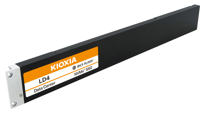 The Kioxia LD4 Data Center NVMe SSD, a long, thin E1.L module with a white mounting bracket and an orange and white label