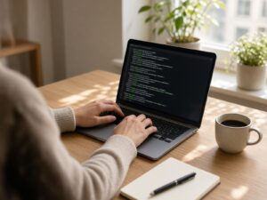 Over-the-shoulder view of hands typing on a laptop showing a dark terminal window on an oak desk with coffee and a notebook.