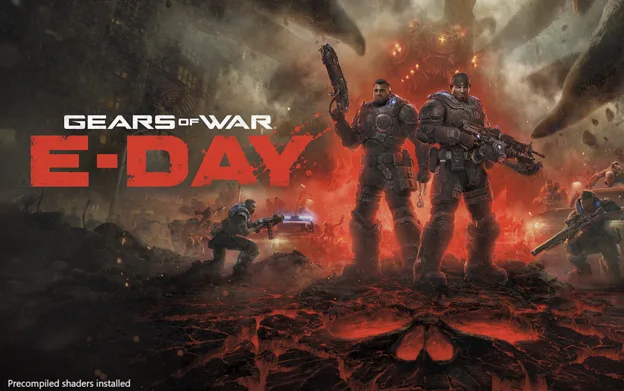 Gears of War: E-Day launch window artwork with the note "Precompiled shaders installed" in the lower left corner