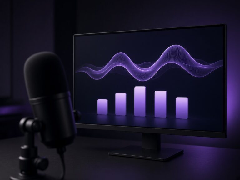 Studio microphone in front of a monitor showing a violet audio waveform and bar chart