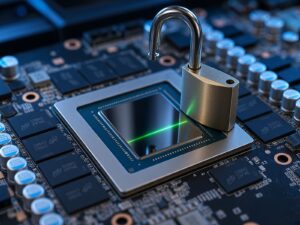 Macro close-up of a bare NVIDIA AD102 GPU die in its metal stiffener frame on a graphics card PCB, with an open steel padlock resting on the frame and a green light streak across the silicon