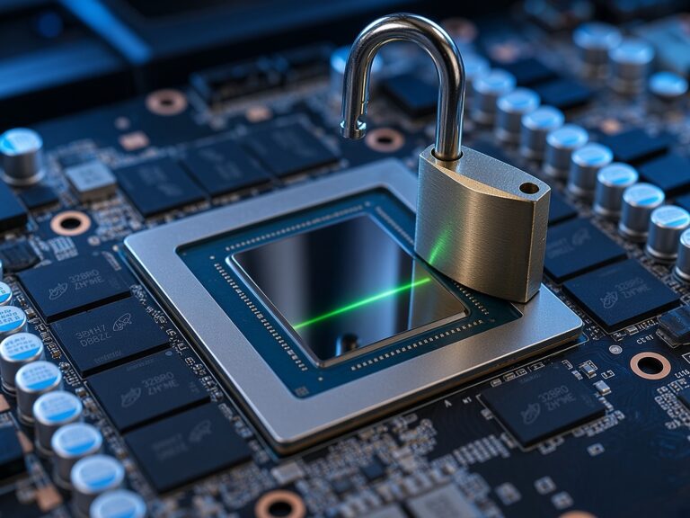 Macro close-up of a bare NVIDIA AD102 GPU die in its metal stiffener frame on a graphics card PCB, with an open steel padlock resting on the frame and a green light streak across the silicon