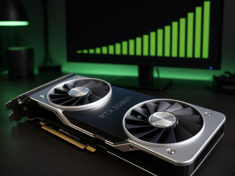 NVIDIA GeForce RTX 2080 Ti Founders Edition on a dark desk in front of a monitor showing rising green bars