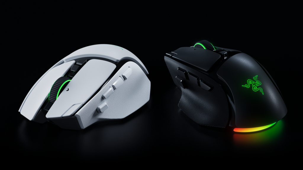 The Razer Basilisk V4 Pro in black and white, shown from the front-left with its side buttons and scroll wheel